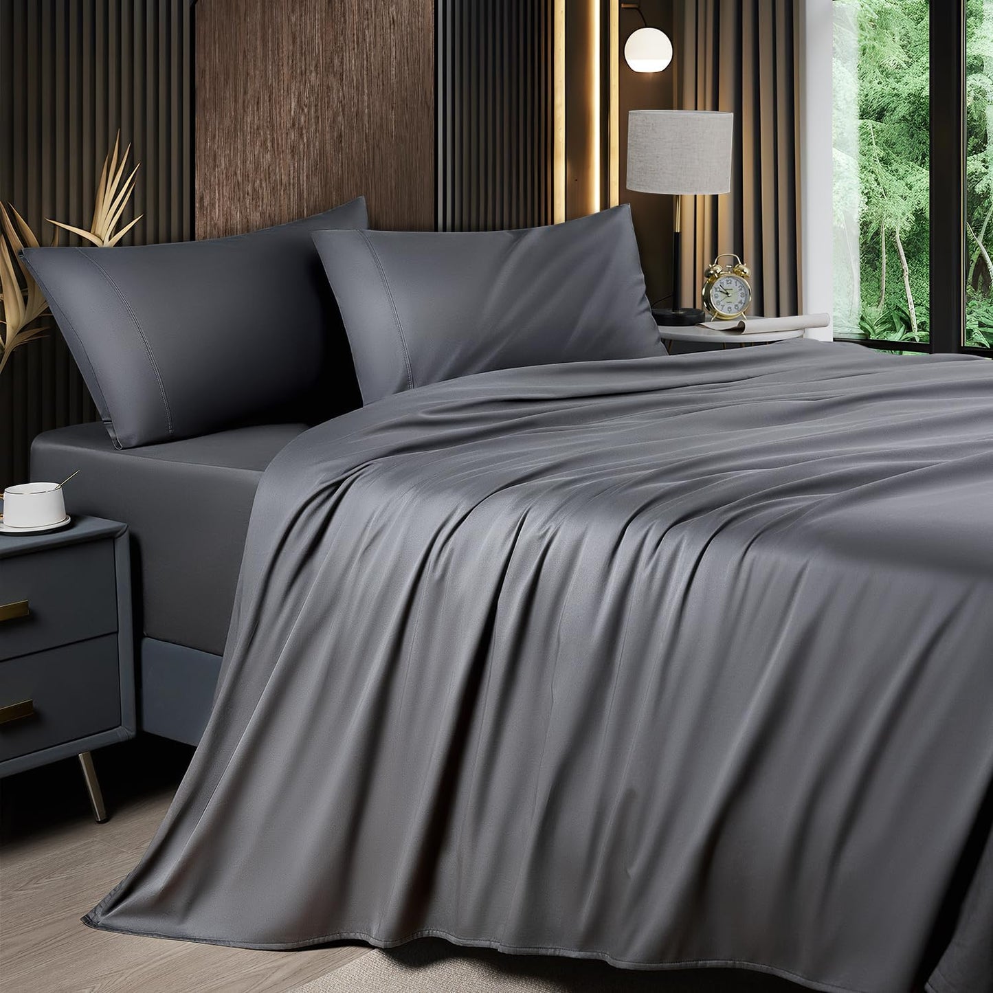 6 Piece King Sheet Sets, Cooling Sheets, Blend Rayon Derived from Bamboo, Deep Pocket up to 16", Breathable & Soft Bed Sheets, Hotel Silky Bedding Set, Grey