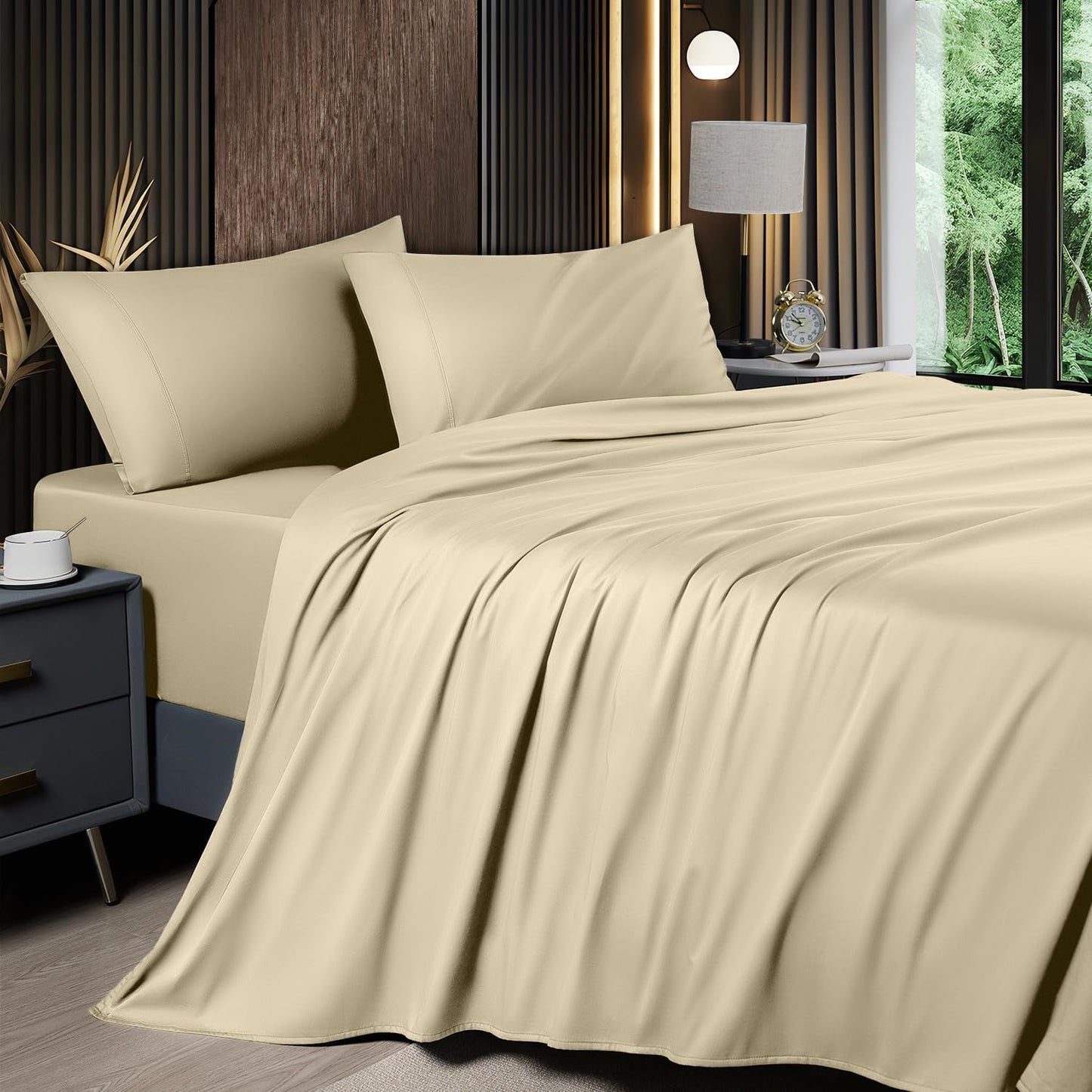 6 Piece King Sheet Sets, Cooling Sheets, Blend Rayon Derived from Bamboo, Deep Pocket up to 16", Breathable & Soft Bed Sheets, Hotel Silky Bedding Set, Grey