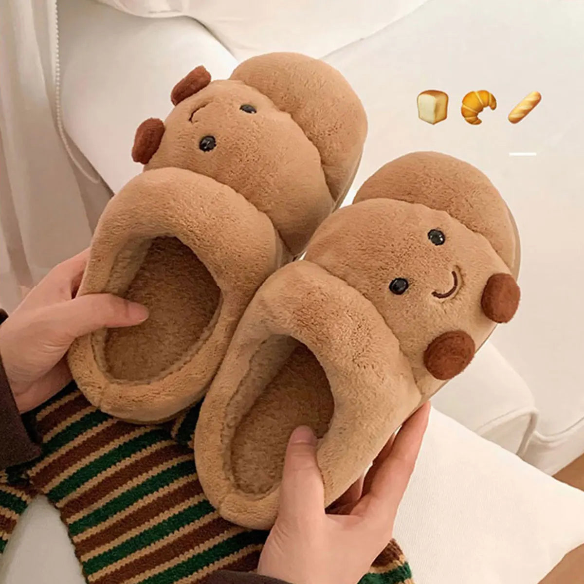 Fun Croissant Cotton Slippers for Men and Women, Winter Couple'S Home Use, Thick-Soled Non-Slip Home Slippers for Women