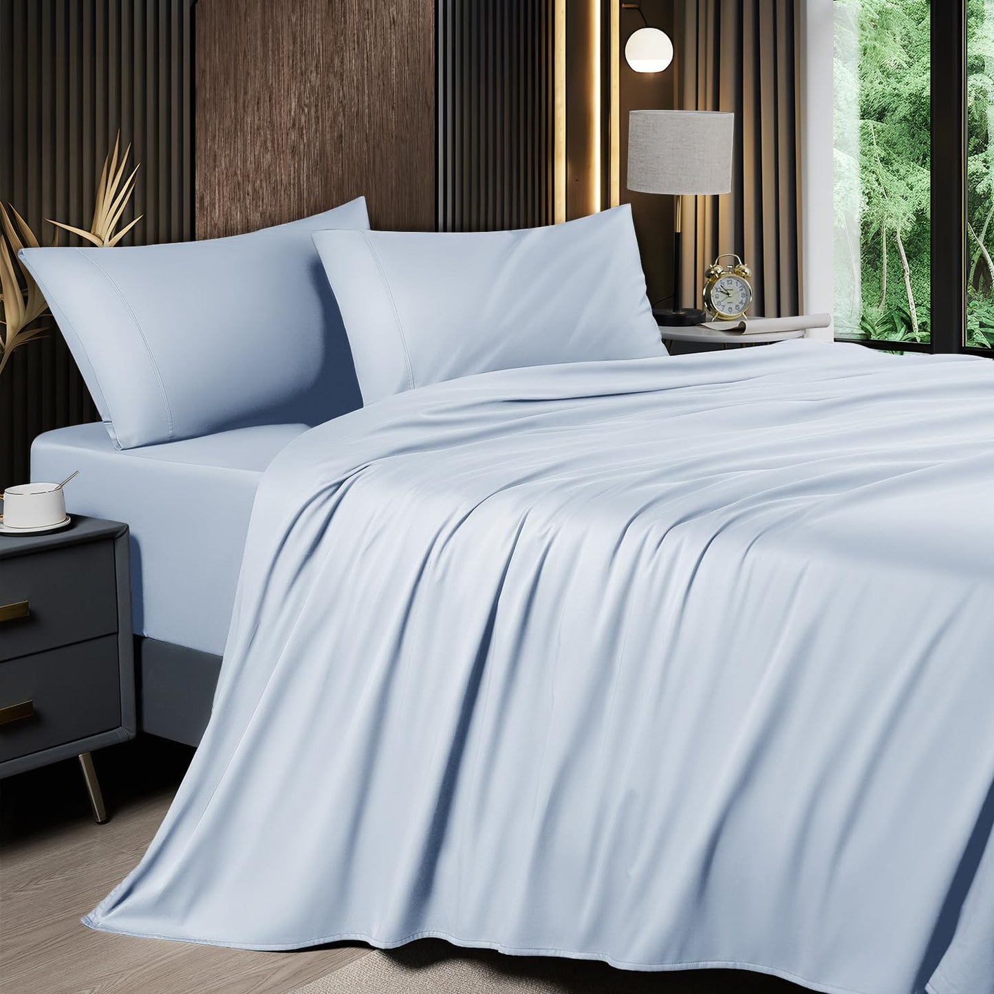 6 Piece King Sheet Sets, Cooling Sheets, Blend Rayon Derived from Bamboo, Deep Pocket up to 16", Breathable & Soft Bed Sheets, Hotel Silky Bedding Set, Grey