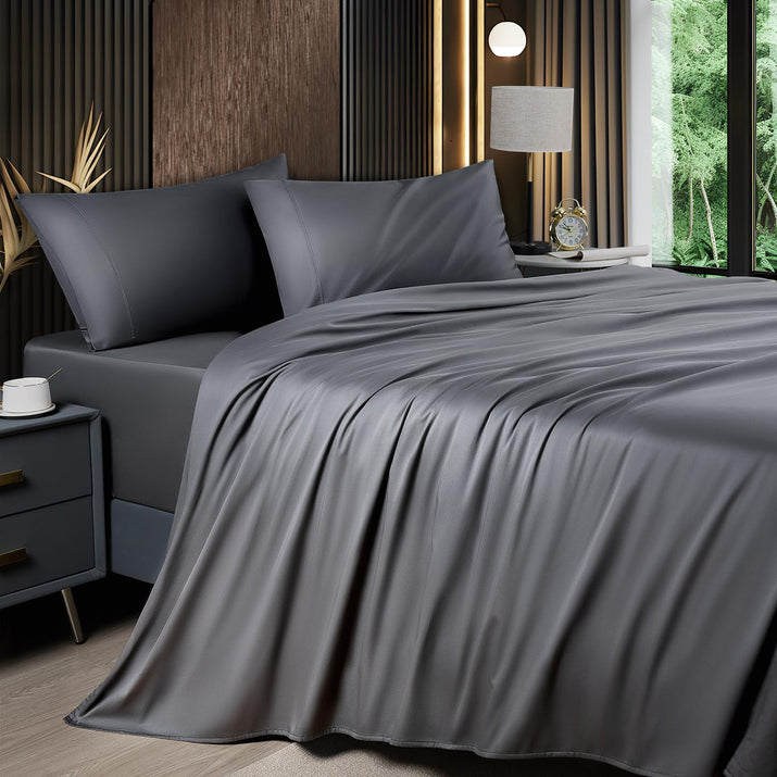 6 Piece King Sheet Sets, Cooling Sheets, Blend Rayon Derived from Bamboo, Deep Pocket up to 16", Breathable & Soft Bed Sheets, Hotel Silky Bedding Set, Grey
