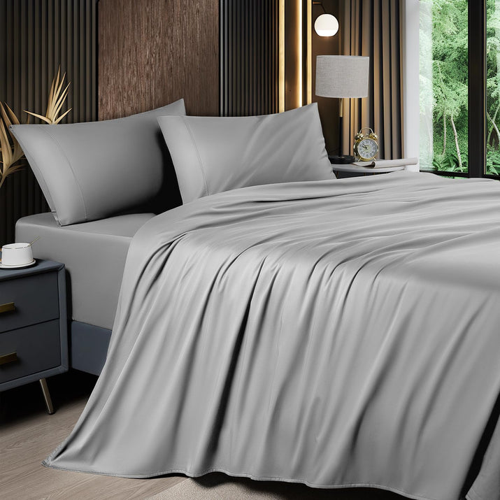 6 Piece King Sheet Sets, Cooling Sheets, Blend Rayon Derived from Bamboo, Deep Pocket up to 16", Breathable & Soft Bed Sheets, Hotel Silky Bedding Set, Grey
